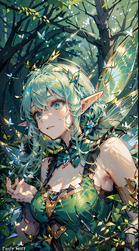 1 girl,solo,(floating and flying:1.2),(fairy_wings:1.6),(elf ears:1.3),(detached_wings:1.2),beautiful,(sparse forest),green hair...