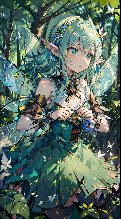 1 girl,solo,(floating and flying:1.2),(fairy_wings:1.6),(elf ears:1.3),(detached_wings:1.2),beautiful,(sparse forest),green hair...