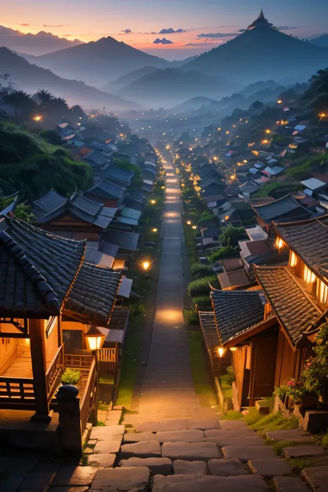 Balinese village at dusk，The background is Wallano in the Matese style, Ultra photo realsisim, temples, fores