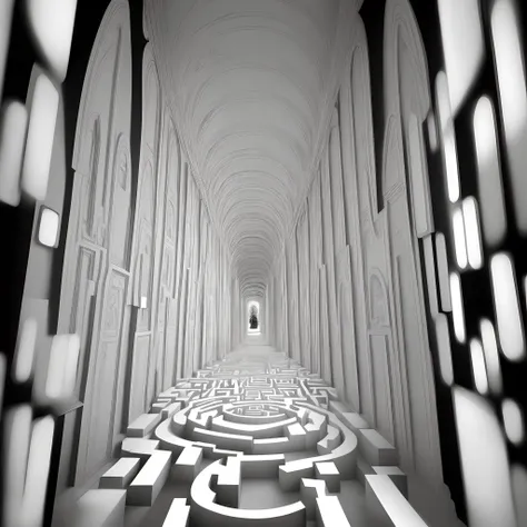 Grandiose maze with a person stuck inside in black and white