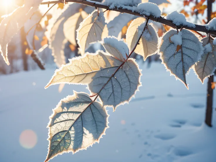 China has 24 solar terms,Frost, autumn
There is white frost on the leaves， Frost clings to autumn
leaf,Temperature drop,Snow,cool colours,
Warm light, Contre-Jour，8k —aspect 8:16 —v5.2