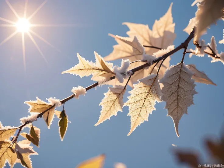 China has 24 solar terms,Frost, autumn
There is white frost on the leaves， Frost clings to autumn
leaf,Temperature drop,Snow,cool colours,
Warm light, Contre-Jour，8k —aspect 8:16 —v5.2