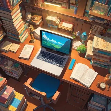 a desk, Viewed vertically from above, books, Uninhabited, Seeing up close