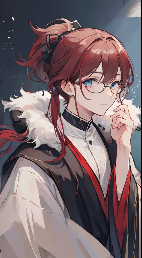 1mature man，light-brown long hair，blue color eyes，Black sage robe，A gentle smile,pony tails，black-frame glasses，Red hair ends，quill，water ink