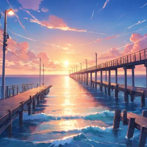 8K, Best Quality, masutepiece, Scenery,pier,wharf， Sea, seaside, utility pole, A long stone bridge stretching to the sea, a panoramic view, Jet flying in the sky leaving two white air trails. Blue sky, Sunset, evening, Coral reefs by the sea