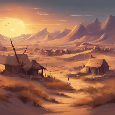 A small village in the desert, desolate grasslands，night，(beste-Qualit, tmasterpiece:1.3), Very detailed fantasy illustration,