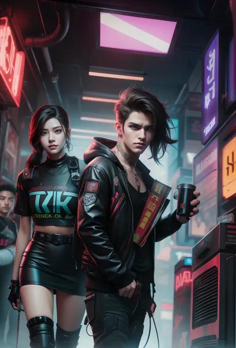 Background change, cyberpunk handsome boy friend and girlfriend,8k, realistic face,