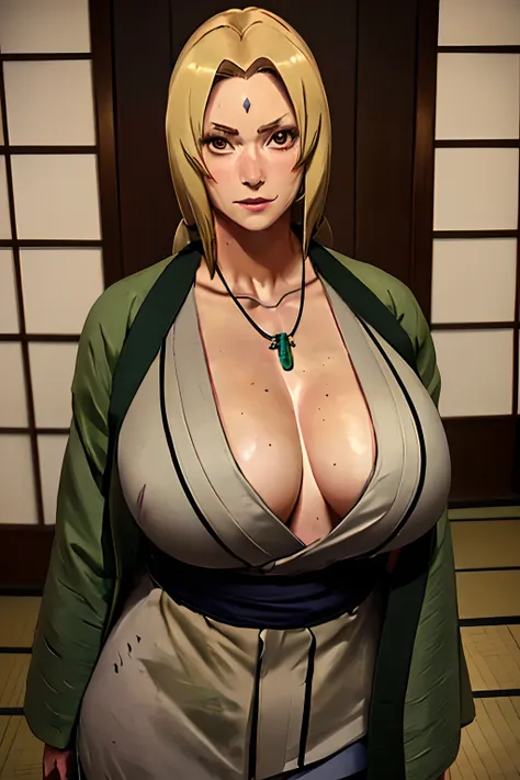 tsunade, large breasts, cleavage, collarbone, (tsun outfit), (tsun jacket), (tsun necklace), mature woman, tan lines, relaxed ex...