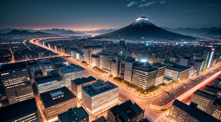 landscape, a panoramic view, japan city, building, night, side view