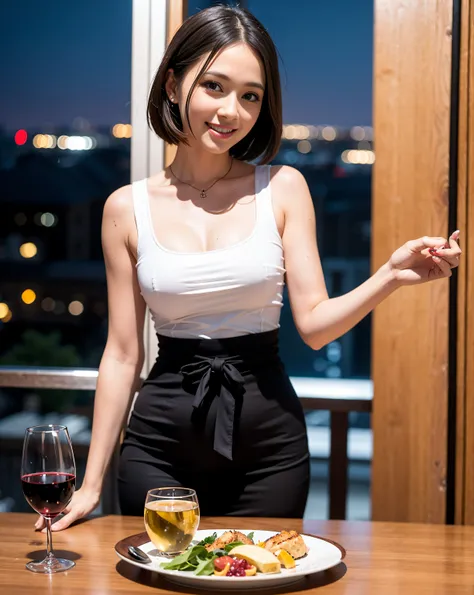 (64K, UHD, top quality, masterpiece: 1.2), (realistic, photorealistic: 1.37), super detailed, pretty woman 1 person, (slim face), (slim body), (brown hair), (short cut), cheeks slightly blushing, (44 years old), 38 years old, solo, beautiful detailed urban...