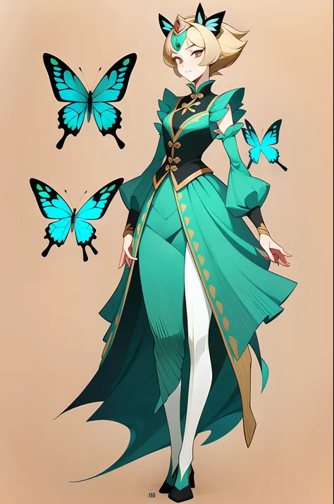 (1 Anthropomorphism of butterflies), (standing full-body), (Full body standing painting), 1 Princess，(standing full-body)，独奏, character  design, fanciful, tmasterpiece，top Quority，best qualtiy，超高分辨率，Exquisite facial features，white backgrounid