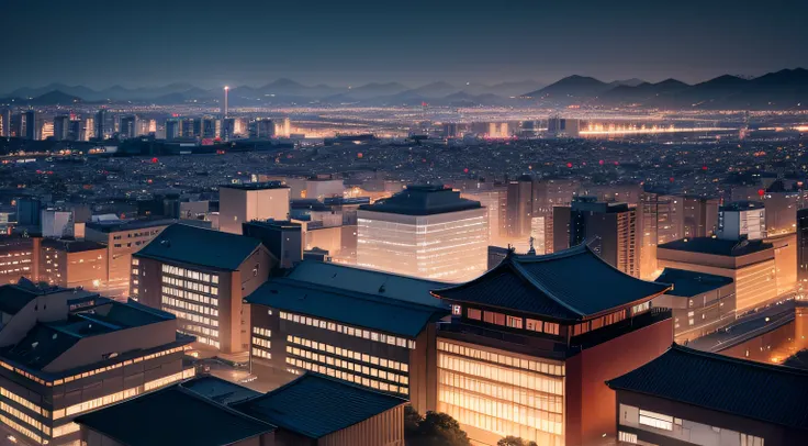 landscape, a panoramic view, japan city, building, night, from 5floor high