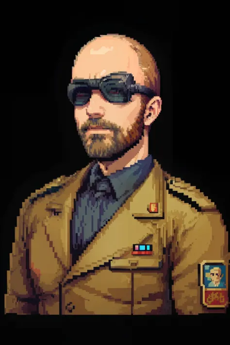 ((In the style of pixel art)), pixel, 4-bit pixel art, A man with half-bald brown hair in a beige Soviet military uniform with an eye patch, without a beard , black backdrop, Ultra-detailed pixel art