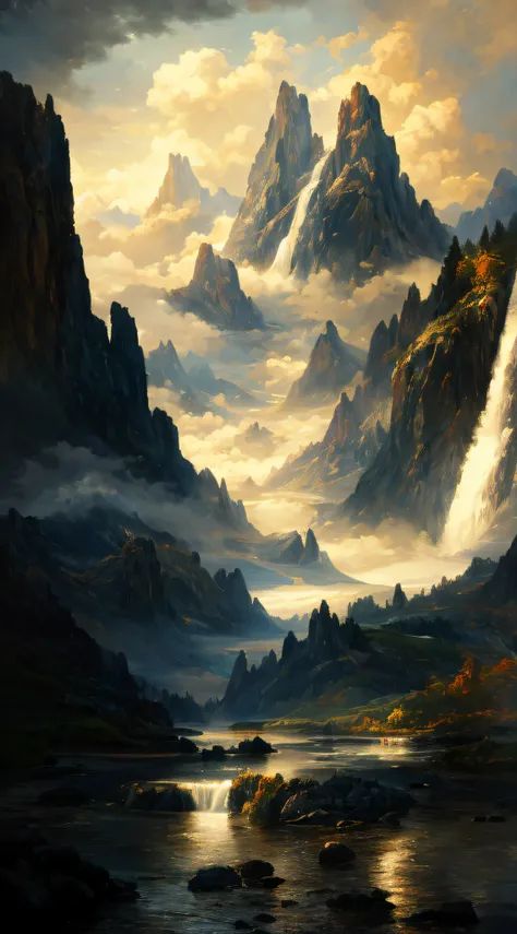 photo of a mountain scene with a lake and a mountain and a beach in the dark clouds background, lots of waterfalls, inspired by Thomas Moran, mountainscape, misty mountains, detailed digital painting, detailed soft painting, inspired, soft digital painting...