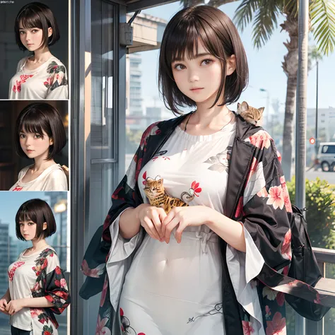 61
(a 20 yo woman,is standing), (A hyper-realistic), (masutepiece), ((A dark-haired、short-hair:1.3)), (Silky hair), (Breast), (Gentle expression), (Clothing printed with wild animal characters)