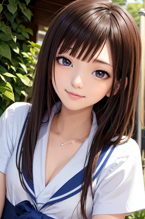 17 age、brown haired、beautidful eyes、real looking skin、hi-school girl、a sailor suit、small tits、(8K、​masterpiece)、(reallistic、Photorealsitic)、top-quality、ighly detailed、The ultra-detailliert、Beautie、cute little、japanes、Idol、A smile、Close-up portrait、Healthy ...