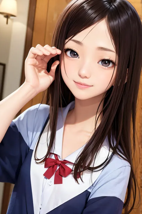 17 age、brown haired、beautidful eyes、real looking skin、hi-school girl、a sailor suit、small tits、(8K、​masterpiece)、(reallistic、Photorealsitic)、top-quality、ighly detailed、The ultra-detailliert、Beautie、cute little、japanes、Idol、A smile、Close-up portrait、Healthy ...