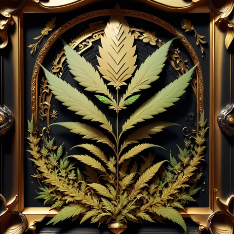 (paper-cut craft, dark square photo-frame:1.2), no mask on, Cannabis painting, There are gold and silver cannabis, Gold cannabis, Golden cannabis, Golden cannabis, Cannabis and gold, (gilded relief: 1.5), Iris Compié, Gradient Gold Silver Colorful, depth o...