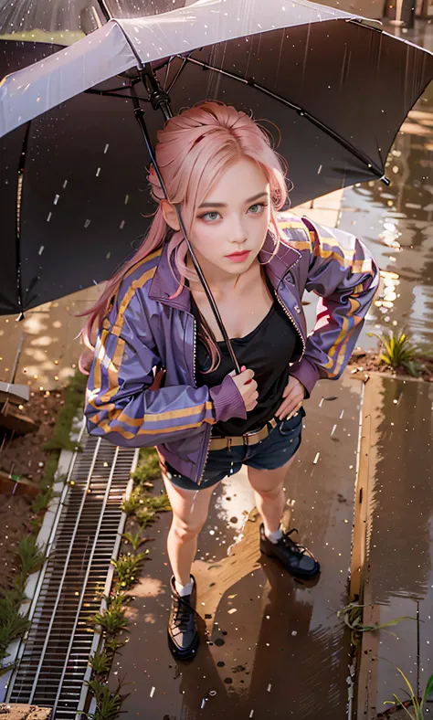 a close up of a woman with red eyes colour, serious face, serious eyes, straight-faced, rainy, raining, long hair, long hair, beautiful haired girl, pink hair, pink hair,, high quality, full body, (photorealistic:1.4), raw photo, 1girl, looking_at_viewer, ...