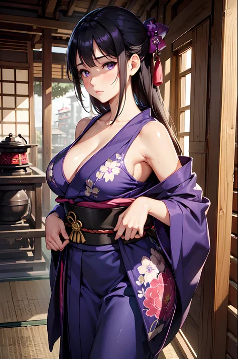 (High quality,High resolution,Fine details,Realistic),Solo,Adult Woman,(Purple eyes),Sparkling eyes,blush,Large breasts,Pear shape,(Black hair),Sweat,Oily skin,(Indigo kimono with fine embroidery),(Shrine in the background),Standing,Frontal