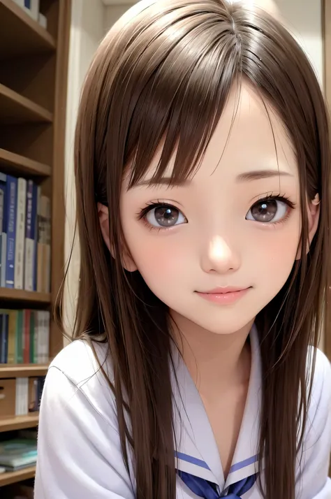 15yo student、brown haired、beautidful eyes、real looking skin、hi-school girl、a sailor suit、small tits、(8K、​masterpiece)、(reallistic、Photorealsitic)、top-quality、ighly detailed、The ultra-detailliert、Beautie、cute little、japanes、Idol、a smile、Close-up portrait、He...