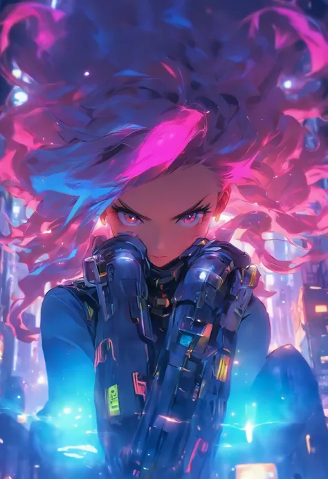 Works of masters，Higher quality，high detal，超高分辨率，8K分辨率，depth of fields，cyber punk perssonage，femele，solo person，ssmile，long whitr hair，Pink hair，curlies，ear studs，bangle，tee shirt，hoody，Firefighter jacket，Armored boots，Ride to the audience，springtime，setti...