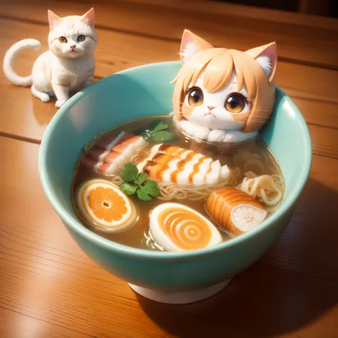 Chibi cat swimming in ramen