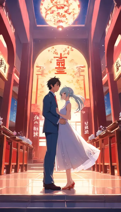 best qualtiy， tmasterpiece， 超高分辨率， realisticlying，1 couple，white color hair，（Chinese wedding dress），（Chapel），An expression of happiness，Chinese Auditorium，Red lobby，wide angles