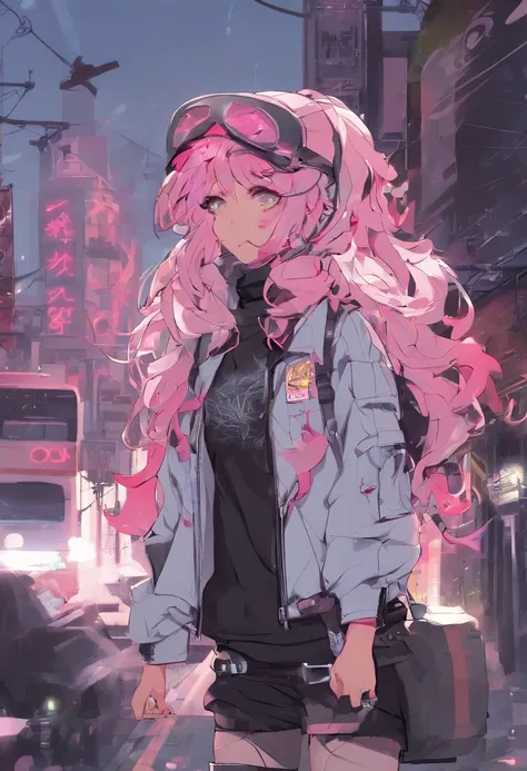 Works of masters，Higher quality，high detal，超高分辨率，8K分辨率，depth of fields，cyber punk perssonage，femele，bike，ssmile，long whitr hair，Pink hair，curlies，ear studs，bangle，tee shirt，hoody，Firefighter jacket，Armored boots，cycle，springtime，setting sun，city road，Bus s...