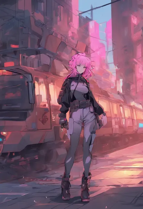 Works of masters，Higher quality，high detal，超高分辨率，8K分辨率，depth of fields，cyber punk perssonage，femele，bike，ssmile，long whitr hair，Pink hair，curlies，ear studs，bangle，tee shirt，hoody，Firefighter jacket，Armored boots，cycle，springtime，setting sun，city road，Bus s...