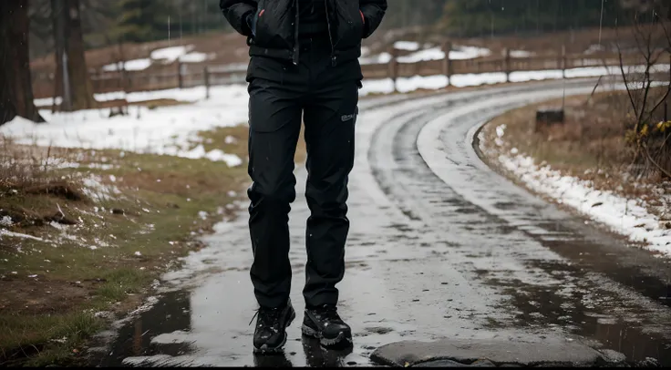 Wearing black snow pants in the rain while hiking outdoors