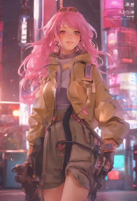 Works of masters，Higher quality，high detal，超高分辨率，8K分辨率，depth of fields，cyber punk perssonage，femele，bike，ssmile，long whitr hair，Pink hair，curlies，ear studs，bangle，tee shirt，hoody，Firefighter jacket，Armored boots，cycle，springtime，setting sun，city road，Bus s...