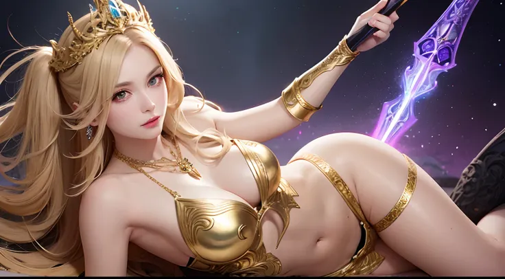 A lady who penetrates the beautiful low-cut lace armor of gold，Holding a Thor Mallet，Head ornaments，Violet necklace，Emerald badge，Toned abs，of fantasy queens，full bodyesbian,（（Beautiful fantasy queen）），Beautiful celestial mage, Beautiful character painting...