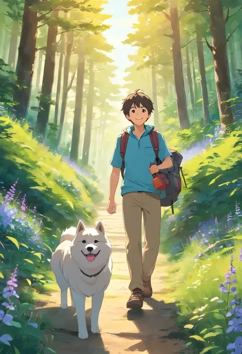 6 year old boy and grandpa with hiking bag, ssmile, on forest path, Face the lens, The adorable Akita dog is in front, Wildflowers, Uphill, Far Mountain, the woods. You can see the sea in the distance