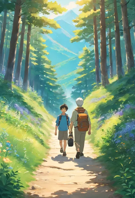 6 year old boy and grandpa with hiking bag, ssmile, on forest path, Face the lens, The adorable Akita dog is in front, Wildflowers, Uphill, Far Mountain, the woods. You can see the sea in the distance