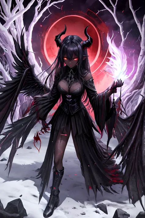 (dark skin), (demon horns), large breasts,
Immortal temptation takes over my mind
Condemned
Fallen weak on my knees, summon the strength
Of mayhem
I am the storm that is approaching
Provoking black clouds in isolation
I am reclaimer of my name
Born in flam...