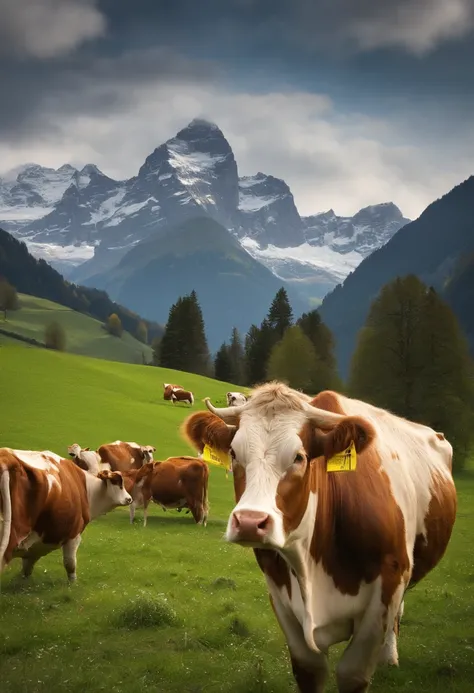 There are many cows grazing in fields with mountains as a backdrop, author：Carl Gerstner, in a valley, author：Rainer Horsch, in the swiss alps, author：Franz Hergi, Alpine scenery, Cows, author：Werner Undermatt, alps, author：Armin Baumgarten, Valle encantad...