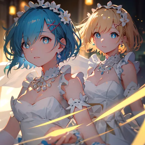 ​masterpiece, top-quality, illustratio, Saxophone Blue, Platinum Earrings, Platinum Necklace, Short hair, Maid headdress, X Hair Ornament, Hair Ribbon, Large breasts, frilld, Neck ribbon, cleavage, Dress, 1girl in, cute little, (Dynamic lighting:1.5), ligh...