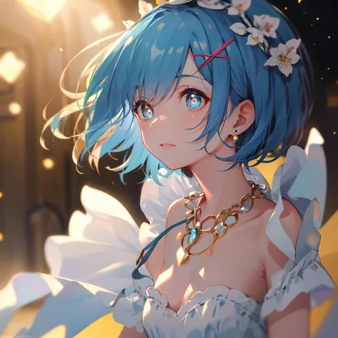 ​masterpiece, top-quality, illustratio, Saxophone Blue, Platinum Earrings, Platinum Necklace, Short hair, Maid headdress, X Hair Ornament, Hair Ribbon, Large breasts, frilld, Neck ribbon, cleavage, Dress, 1girl in, cute little, (Dynamic lighting:1.5), ligh...