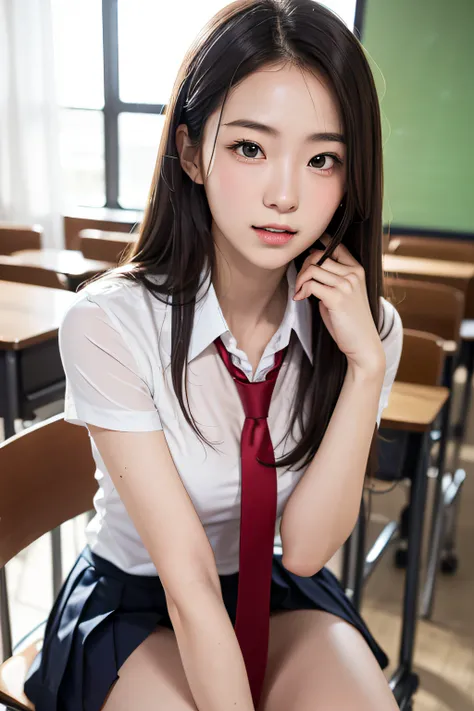 (masutepiece, Best Quality:1.2), 8K, 18year old, 85 mm, Official art, Raw photo, absurderes, White dress shirts, Pretty Face, close up, Upper body, violaceaess, gardeniass, Beautiful Girl, School uniform, (Navy pleated skirt:1.1), Cinch West, thighs thighs...