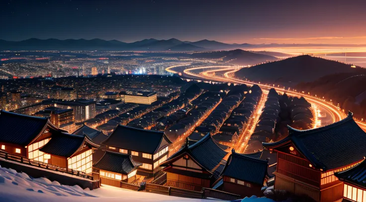 nighttime panoramic view of a picturesque Japanese city, traditional Japanese buildings,