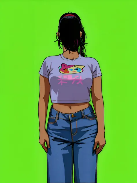 Turn this girl to cartoon, attractive thin girl, colorfull, pinky T-shirt