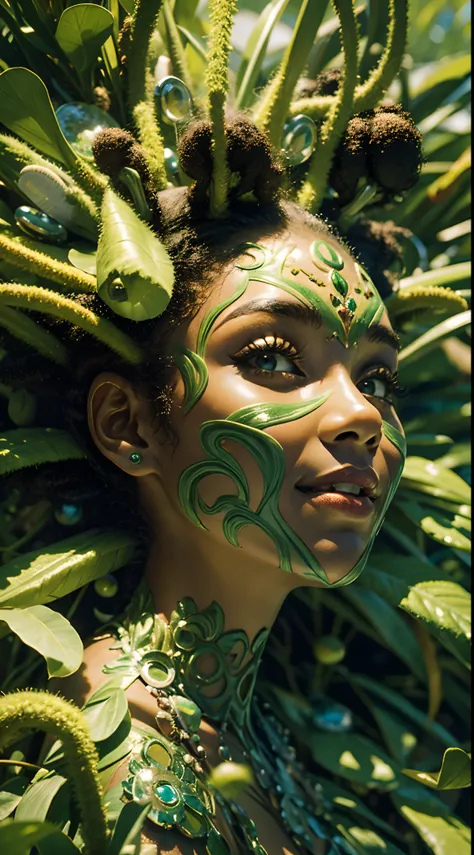 Rosto de uma garota de 18 anos Afro americana sorrindo , olhos verdes