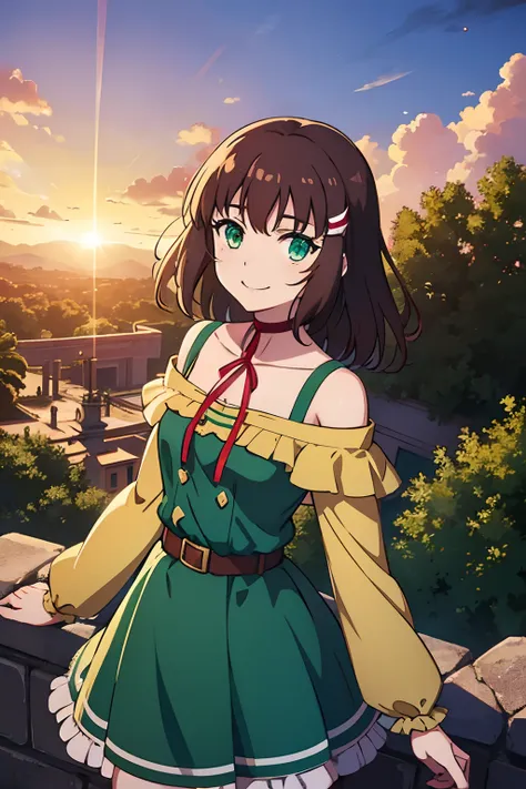 shoko sashinami, valvrave, 1 girl, brown hair, green eyes, fantasy world, ruins, fort, beautiful sky, shining sky, sunshine, smiling, waving, belt, wristband, ribbon choker, wind blowing dress, lace dress, long sleeves, off-shoulder sleeves