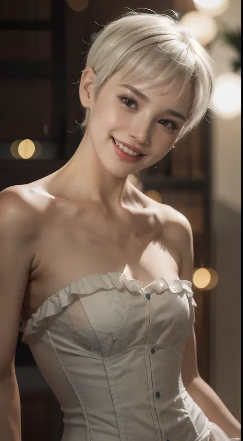 Malay girl, very short white hair, Sculpted Pixie cut hair, wear white Corset Dress, corset, laughing and posing with hand on hip, front view, windy, detail skin, age spot, detail skin texture, mole below eyes, small breast, flat chest, wide hips, small wa...