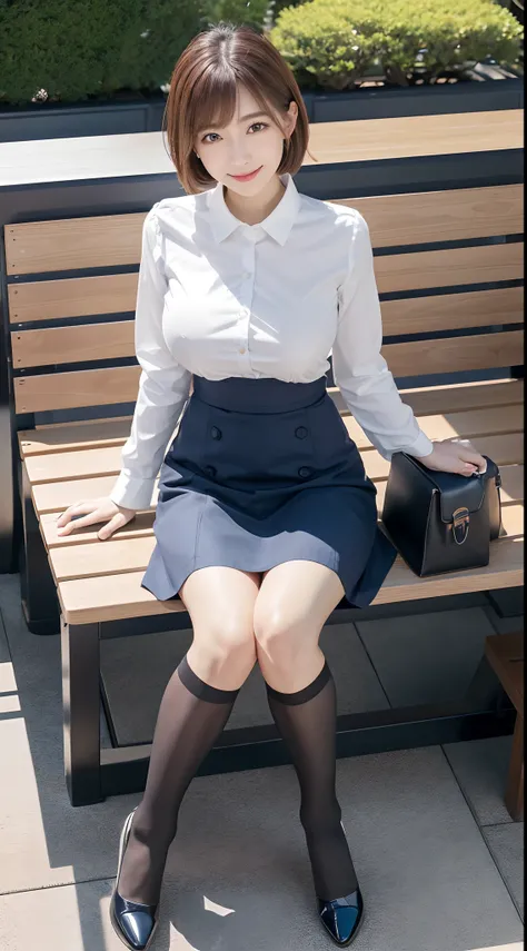 masutepiece、Best Quality、 ultra-detailliert、hight resolution、8K Wallpapers、Perfect dynamic composition,、Beautiful detailed eyes、(Beautiful Large Breasts:1.2)、Bench on the roof of an office building、Flower beds around the perimeter、Young office lady sitting...