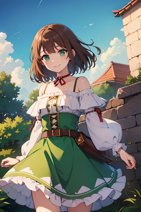 sasanami shoko, valvrabe, 1 girl, brown hair, green eyes, fantasy world, ruins, bang, beautiful sky, shining sky, sunshine, smil...