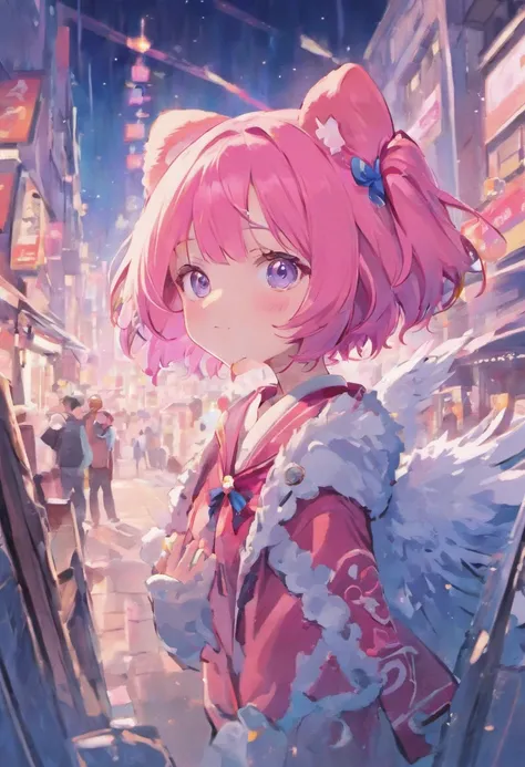 Ski style, 1girll, Solo, Pink hair, Animal ears, Blue eyes, Wings, view the viewer, bangs, Short hair, bow, Sailor collar, White sailor collar, Hair accessories hair bye, Pink bow, Closed mouth, shirt, White shirt, Cat ears, Bob cut, mini wings, Portrait, ...