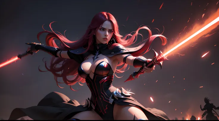 Sith, espada laser roja, mujer sexi, (UHD,8k,Maximum resolution,ultra detallado), obra maestra, muy detallado, cuerpo entero, colores vibrantes, dramatic illumination, Escenario futurista, epic battle, potencia de la fuerza, intense atmosphere.