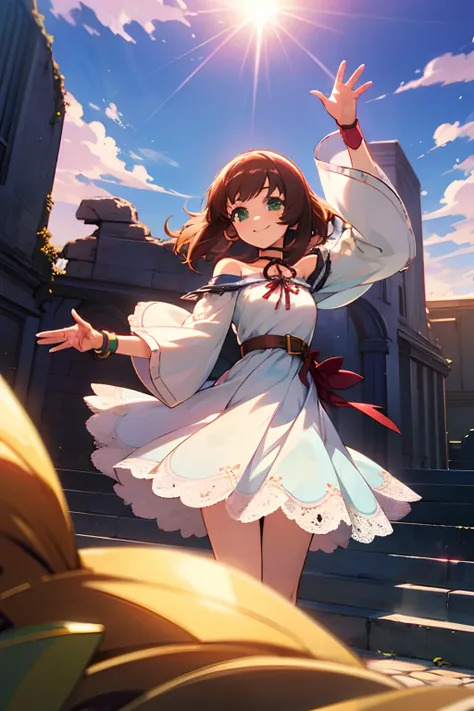 shoko sashinami, valvrave, 1 girl, brown hair, green eyes, fantasy world, ruins, fort, beautiful sky, shining sky, sunshine, smiling, waving, belt, wristband, ribbon choker, wind blowing dress, lace dress, asymmetrical dress, off-shoulder sleeves